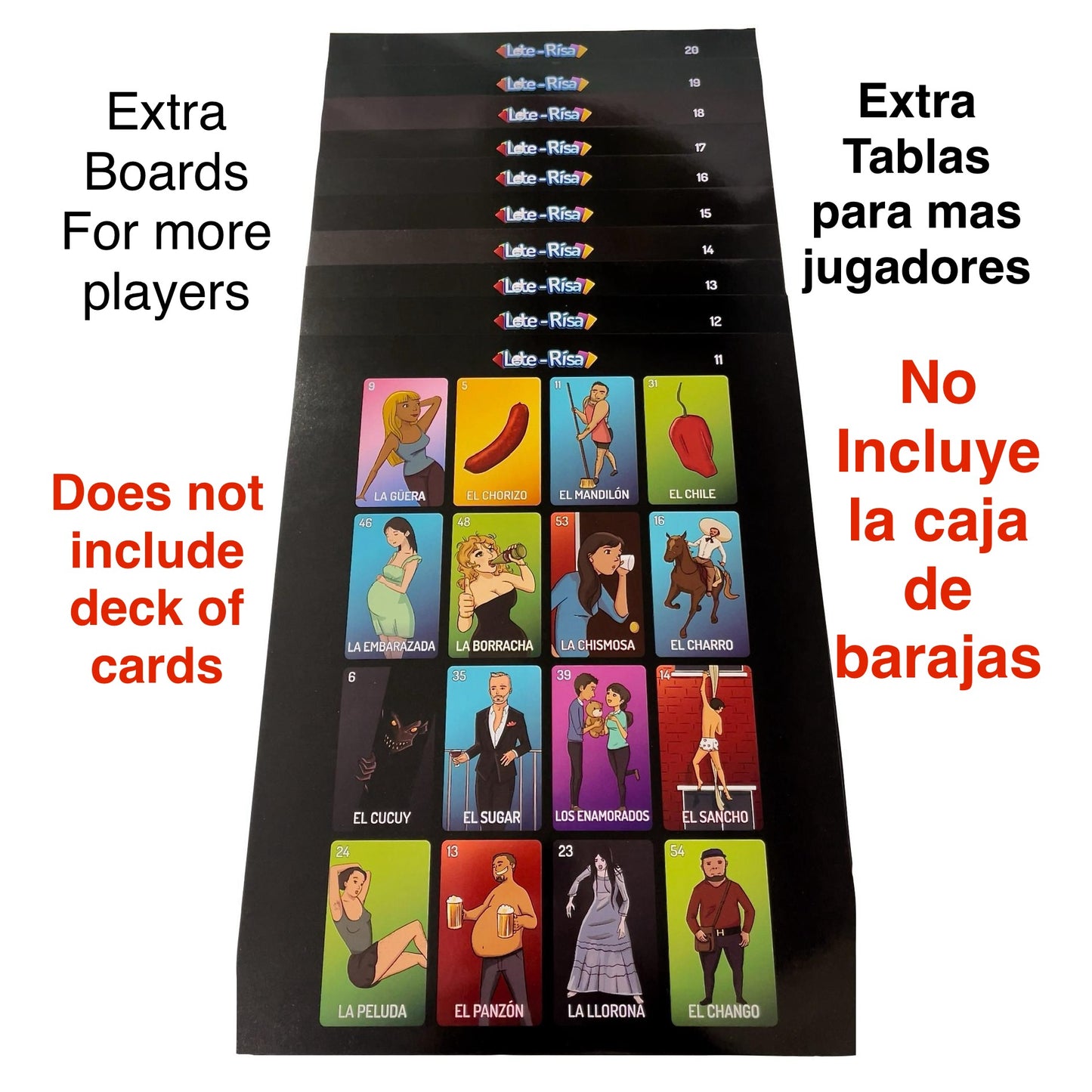 Continuation Boards (Numbered 11-20)- Tablas de Continuación para más jugadores, No Incluye Barajas - Deck of Cards Not Included