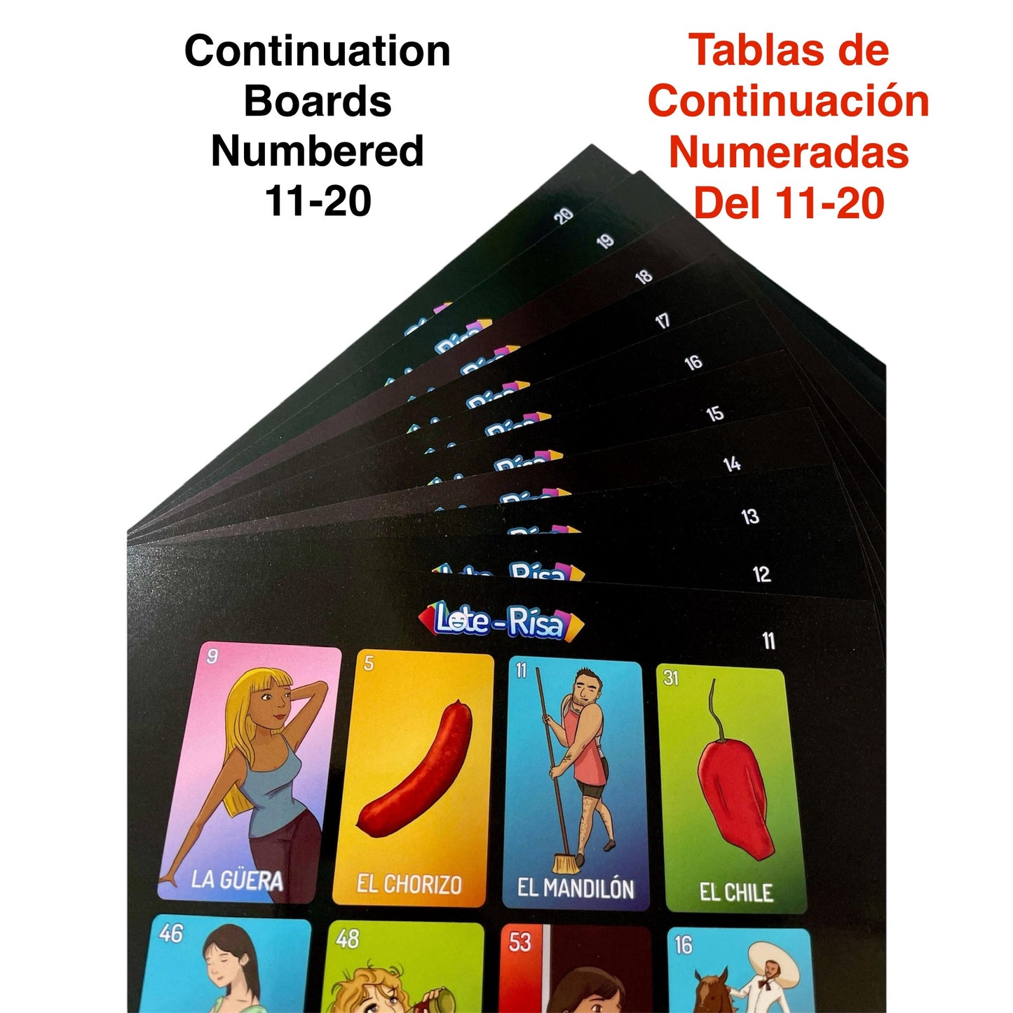 Continuation Boards (Numbered 11-20)- Tablas de Continuación para más jugadores, No Incluye Barajas - Deck of Cards Not Included